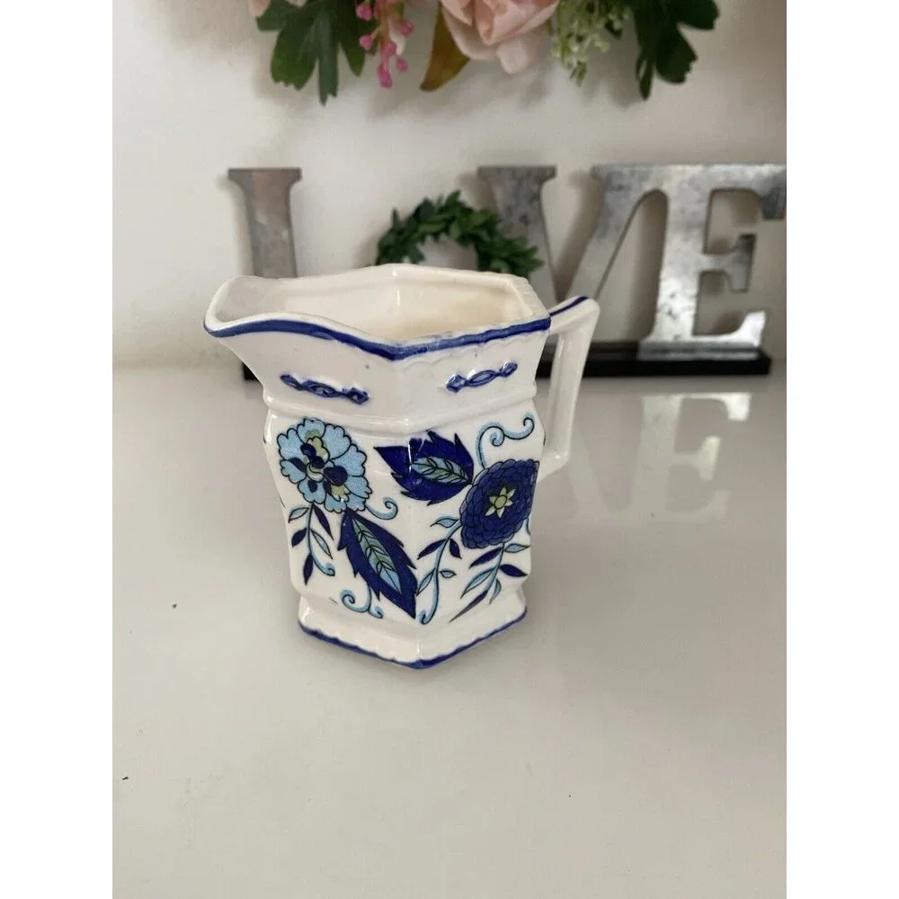Vintage Ironstone Mann Import Blue Heirloom Hand Painted Floral Creamer 4